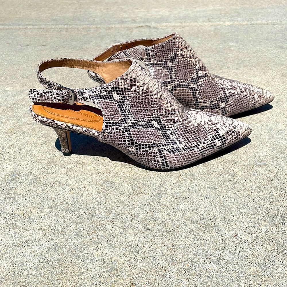 Women’s sling back heels, snake skin, 9